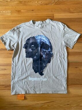 Forgotten Faces Beige Short Sleeve Tee with Blue and Black Graphic
